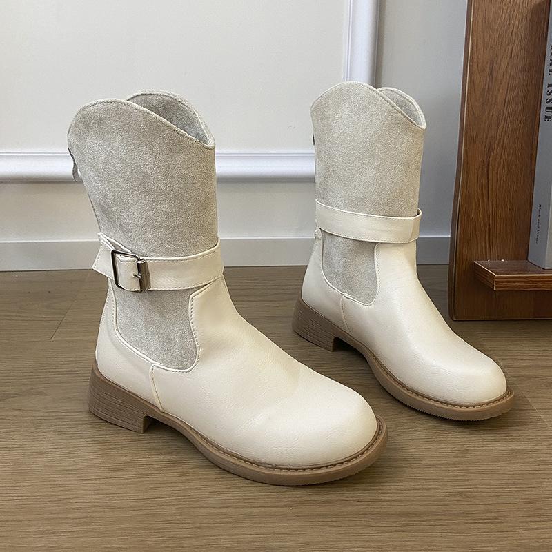 Autumn and winter fashion new retro color matching belt buckle imitation leather Martin boots round head thick sole thick heel short boots thin b