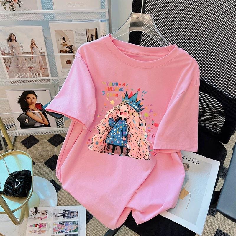 Tricou cu mânecă scurtă din bumbac pur, alb, pentru femei, de vară, nou, de dimensiuni mari, design lejer, imprimat, subțire, cu mânecă jumătate