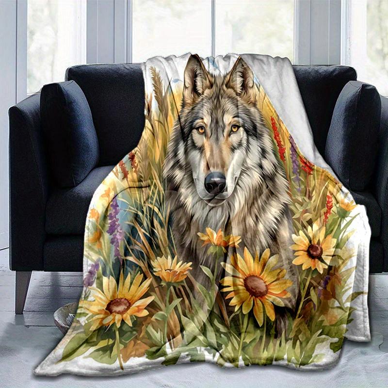 1pc Wolf Amidst Sunflowers and Lavender Blanket Seasonal Home Decorative Throw for Couch, or Car Seat Cover,Living Room, Travel, Camping