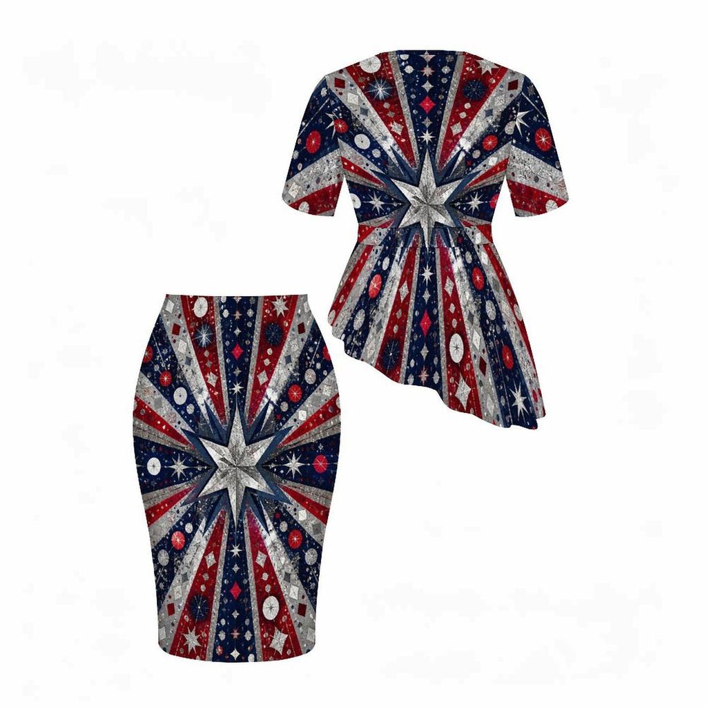 Women Plus Size Tropical Leaf Printed Two Piece Skirt Set Round Neck Short Sleeve Asymmetric Top Fitted Skirt