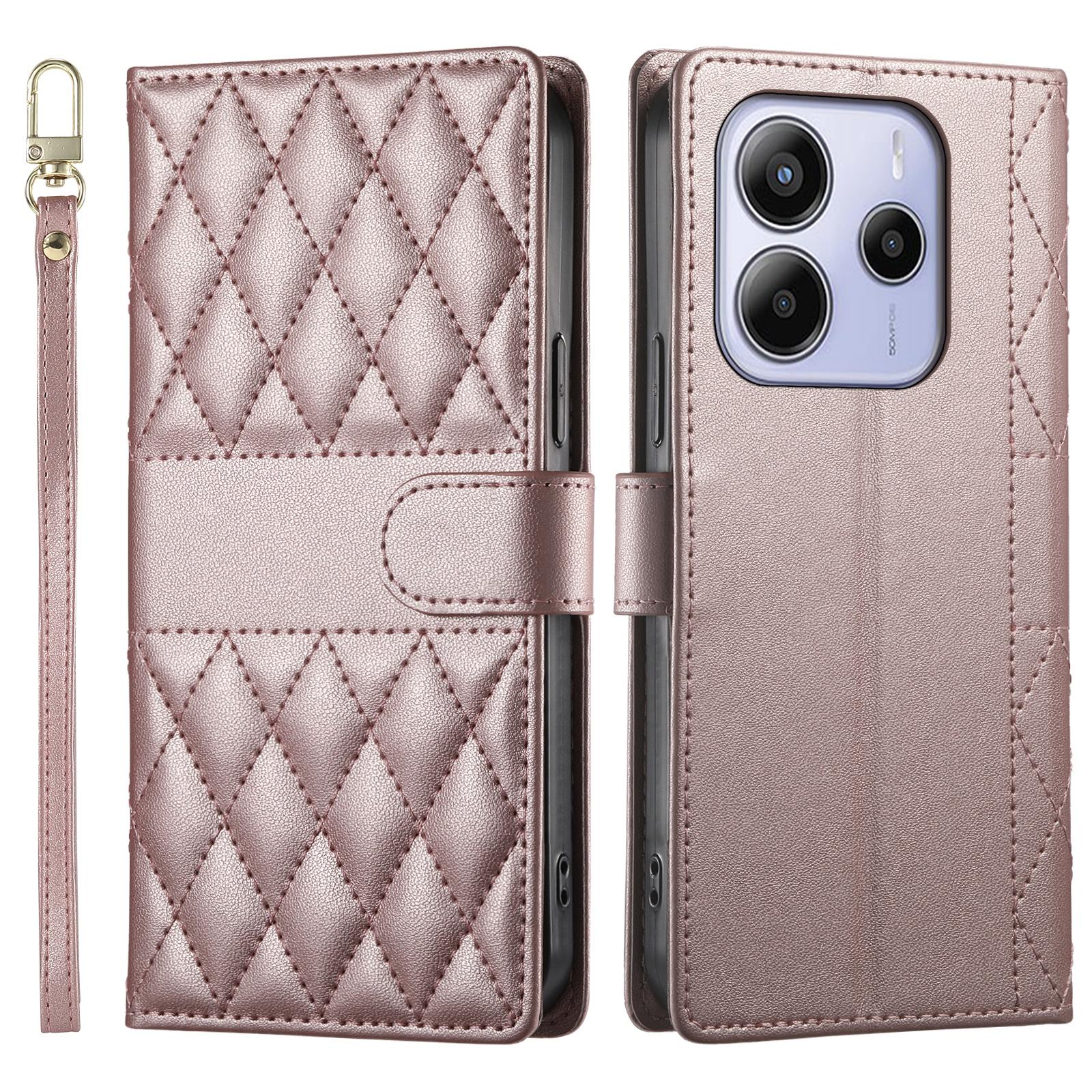 

Для Xiaomi Redmi Note 14 4G (163,25 мм) Чохол Гаманець з ромбоподібною прошивкою Шкіряна обкладинка для телефону з довгою/короткою лямкою Rose Gold