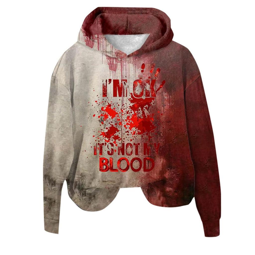 Women's 3D Bloody Letters Printed Long Sleeved Loose Hooded Sweatshirt New Halloween Ladies Casual Long Sleeved Pullover