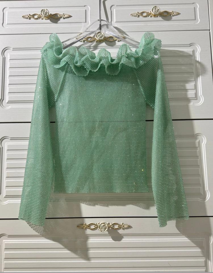 Yanni Lake Blue Rhinestone Tassel Bodycon Dress with Slimming Midi Skirt & Long Sleeve Top