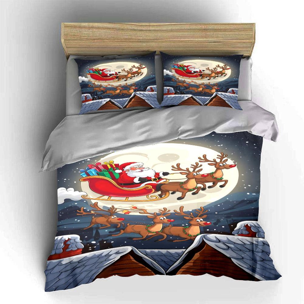 Santa and Reindeer Flying Scene Bedding Duvet Cover Set Duvet Cover Pillowcases (1*Duvet Cover 2*Pillowcases, Without Duvet Insert)