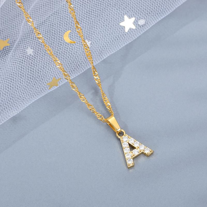 Cubic Zirconia Initial Letter Pendant Necklaces For Women Stainless Steel Gold Color Chain Alphabet Chokers Jewelry Accessories