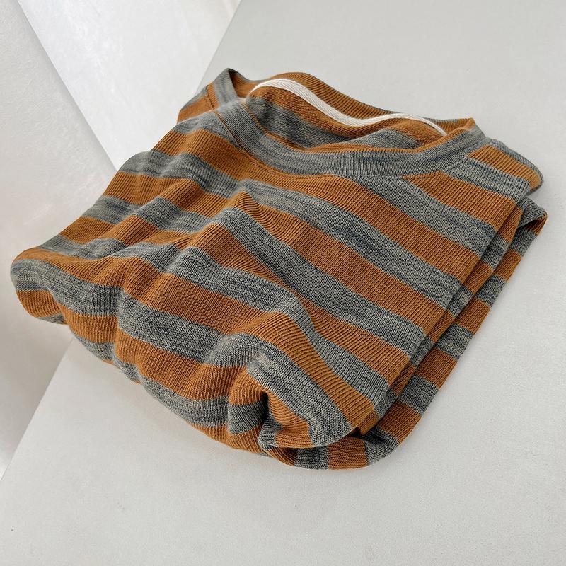 European Women's Oversized Gray-Orange Striped Long-Sleeve T-Shirt, Autumn 2025 Collection – Soft, Comfortable, and Versatile.