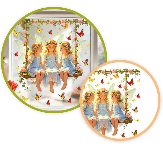 Fairy Window Sticker, Watercolor 4 Fairies Swing Window Cling, Colorful Flowers Butterflies Static Glass Decal for Kids Room Bedroom
