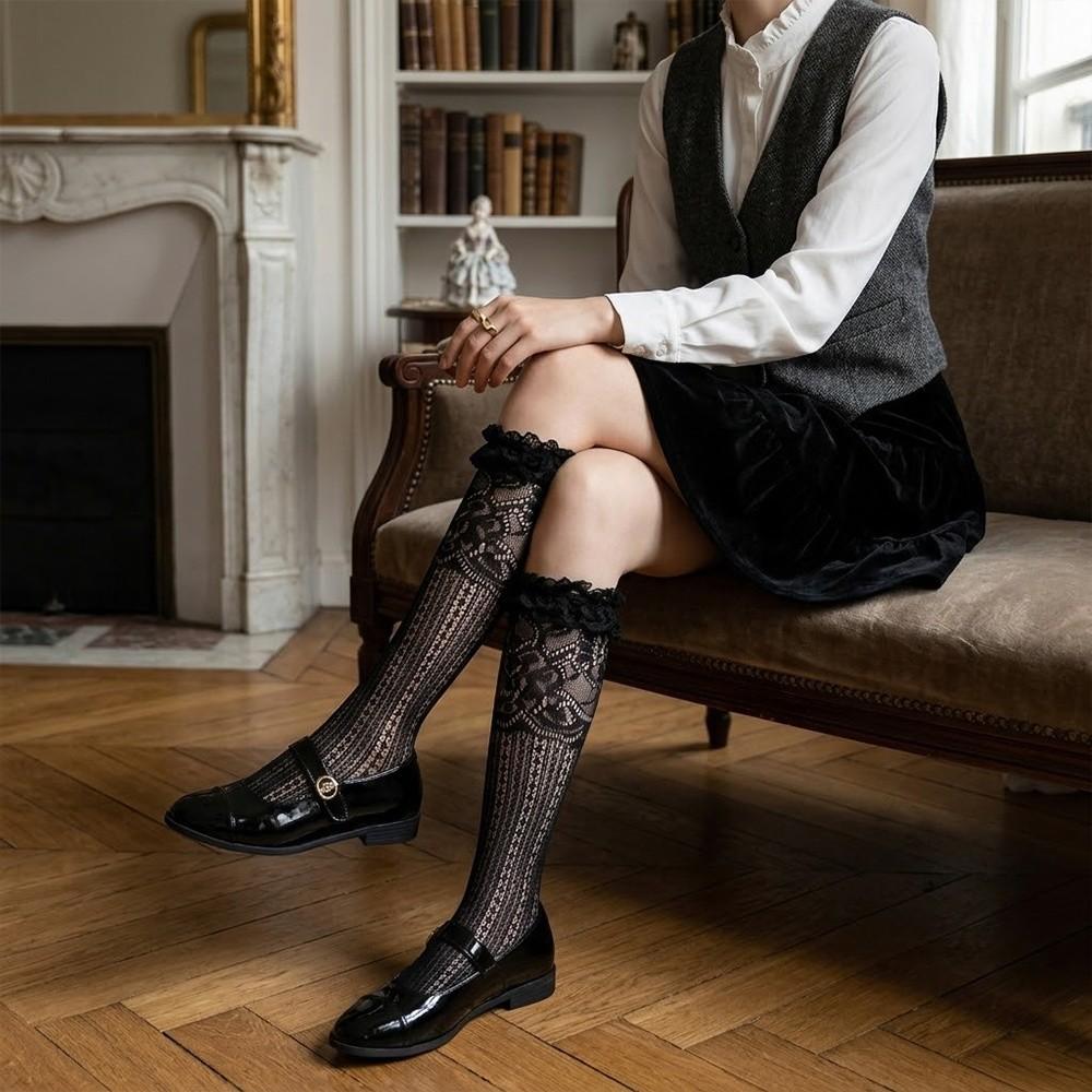 Fashion Hollow Lace Lace Calf Socks Breathable Sexy Fishnet Stockings High Elastic Thin Lolita Socks Daily Wear