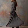 Autumn Retro Ribbed Long Dress Long Sleeve Crew Neck A-Shaped Skirt