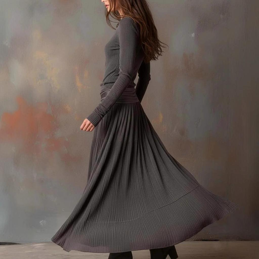 Herbst Retro Geripptes Langes Kleid Langarm Rundhalsausschnitt A-Linien Rock