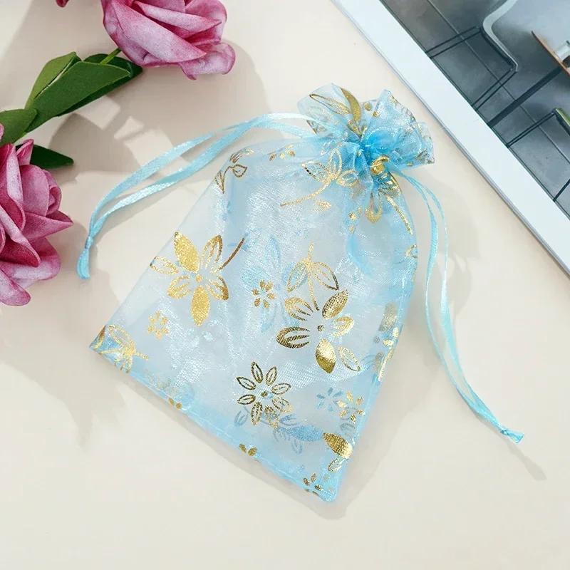 50piece Gold Stamp Rose Pattern Gauze Bag Colorful Pull Rope Self Sealing Storage Bags Candy Gift Accessory Package Jewelry Pouc