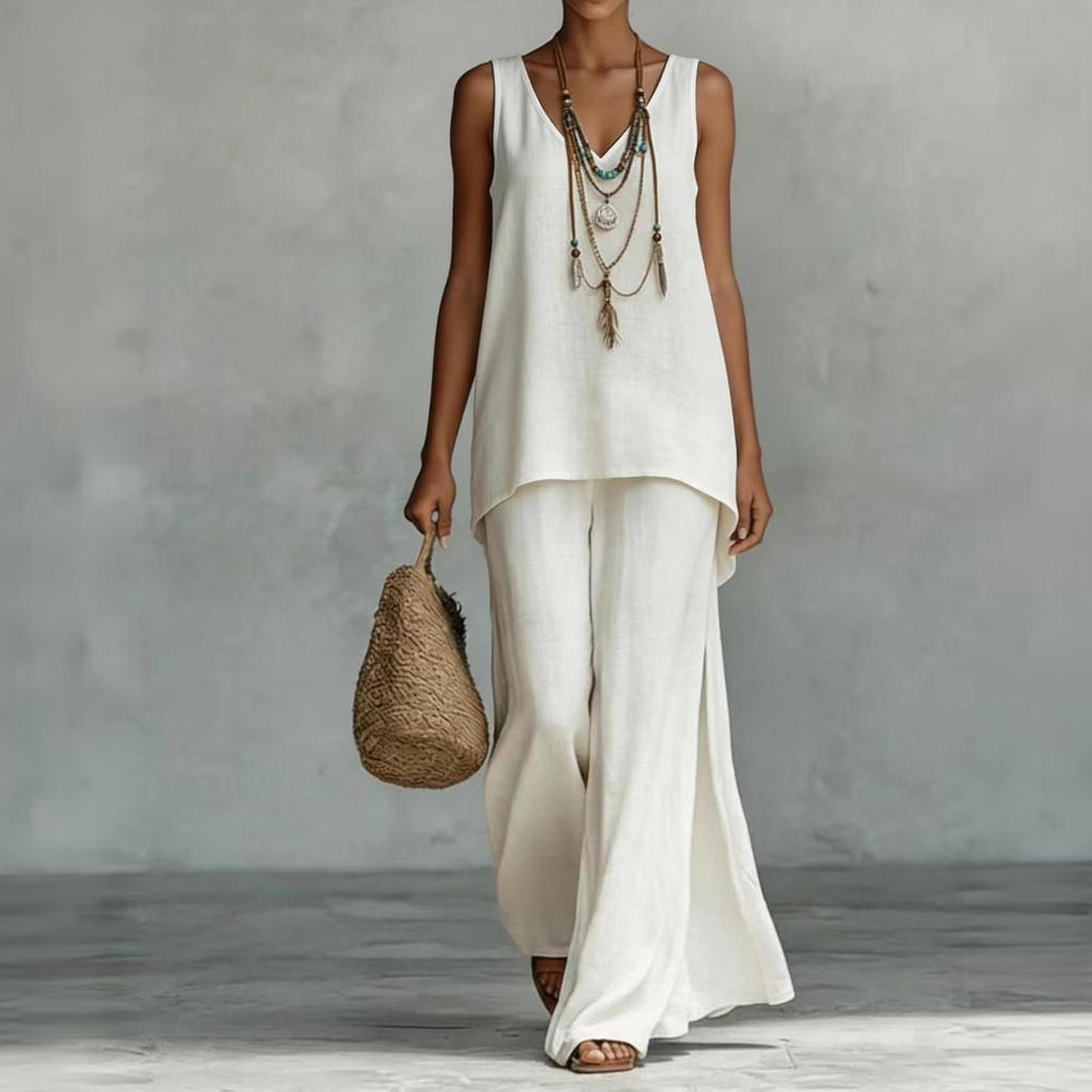 Women's Bohemian Wide Leg Pants and V Neck Cami Top Set - Flowy Summer Outfit