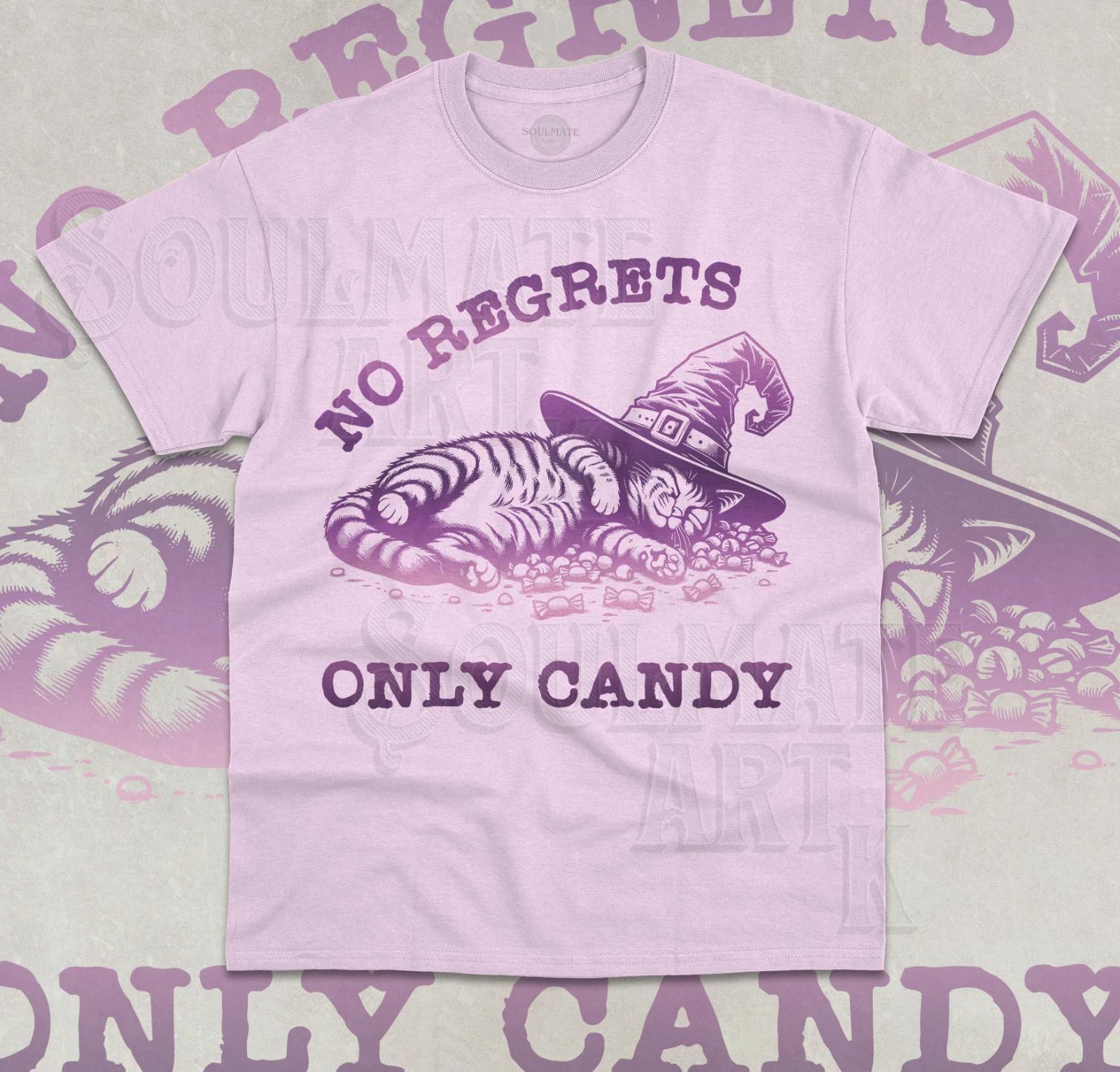 No Regrets Only Candy T- Shirt Funny Halloween Cute Witch Cat Unisex Shirt L