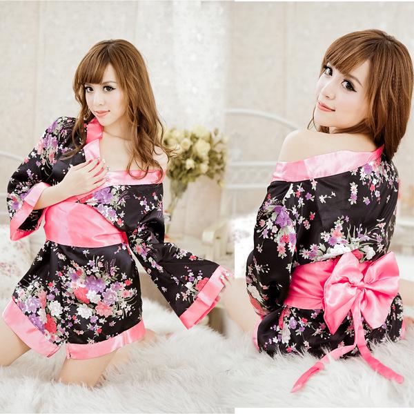 Plus Size Sexy Red Cherry Blossom Kimono Lingerie Set for Women