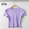Women Summer Crop Top O Neck Short Sleeve Slim Fit Stretchy Solid Color Waist Exposed Casual Soft Breathable Lady T Shirt