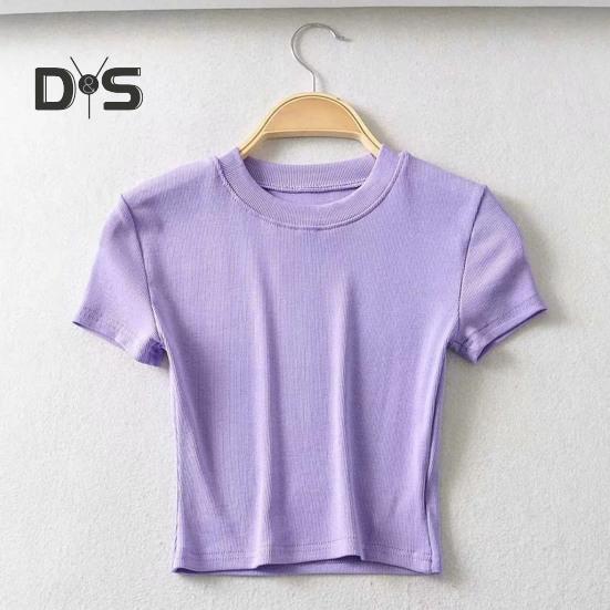 Women Summer Crop Top O Neck Short Sleeve Slim Fit Stretchy Solid Color Waist Exposed Casual Soft Breathable Lady T Shirt