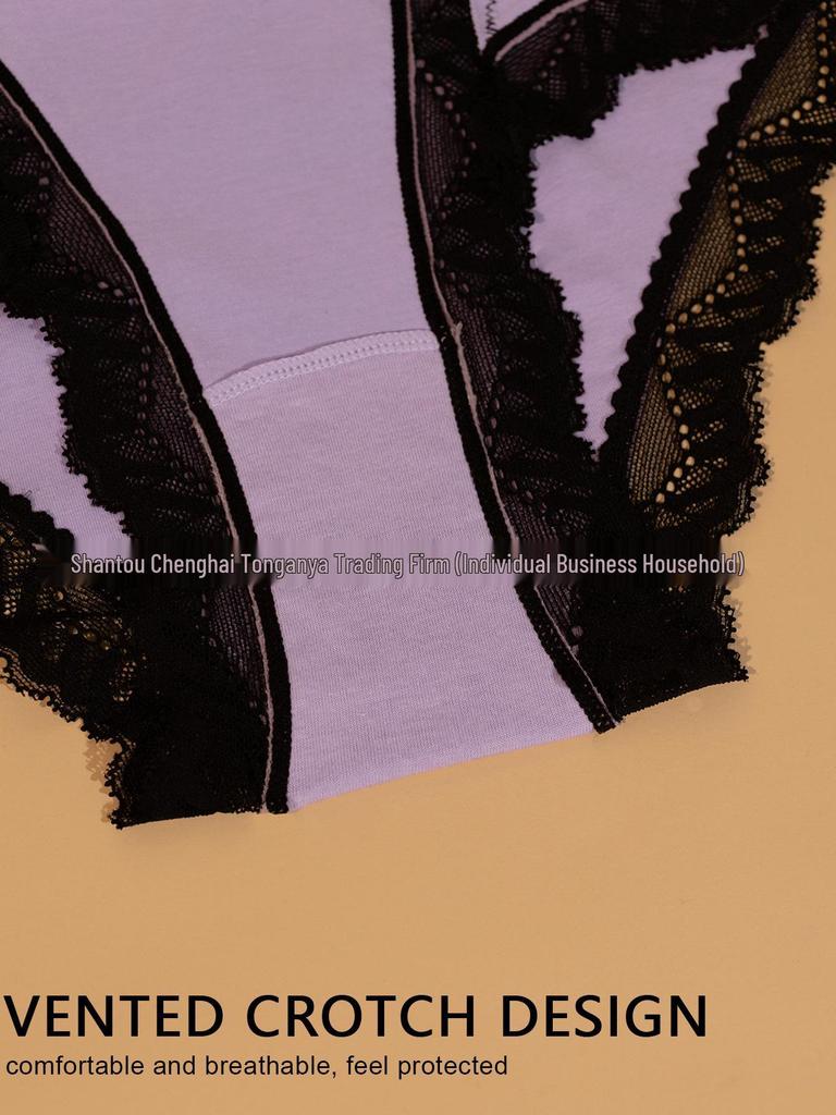 Europeiska och Amerikanska Damers Medelhög Midja Spets Bomulls Trosor - Trendiga, Bekväma, Andningsbara Triangel Briefs