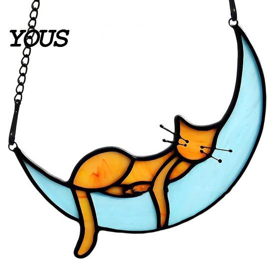 Decorative Hanging Ornament Acrylic Cat Pendant with Chain, Animal for Window Crescent Wall Decor, Cute Lover Gift Home Room Decoration Light