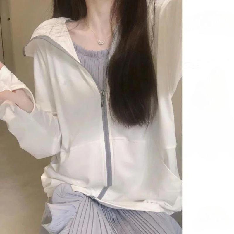 Summer Women Ice Silk Solid Sun Protection Jacket Thin Fashion Zipper Hooded Coat Versatile Loose-Fit Breathable Cardigan