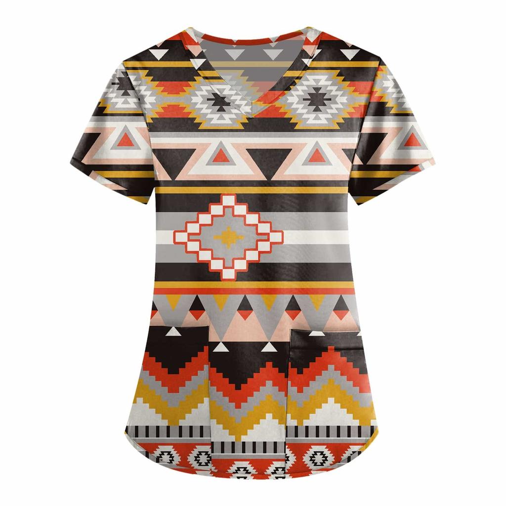 Damesmode werkkleding met V-hals, korte mouwen en bedrukte zakken