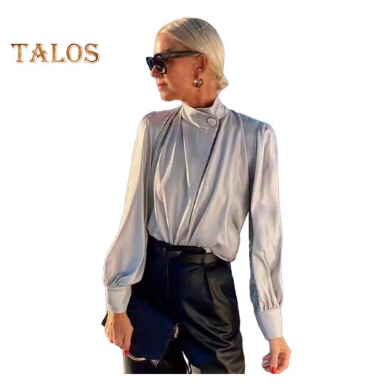 

Атласная женская рубашка с полувысоким воротником-фонариком и длинным рукавом, однотонный пуловер, повседневная блузка для поездок на работу L серый