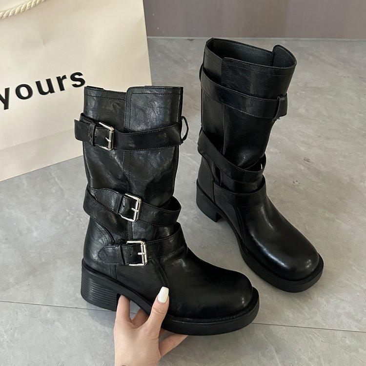 4/6Cm heightening thick-soled trouser boots women's autumn knight boots children's long boots thick heel buckle belt medium tube stacking boots