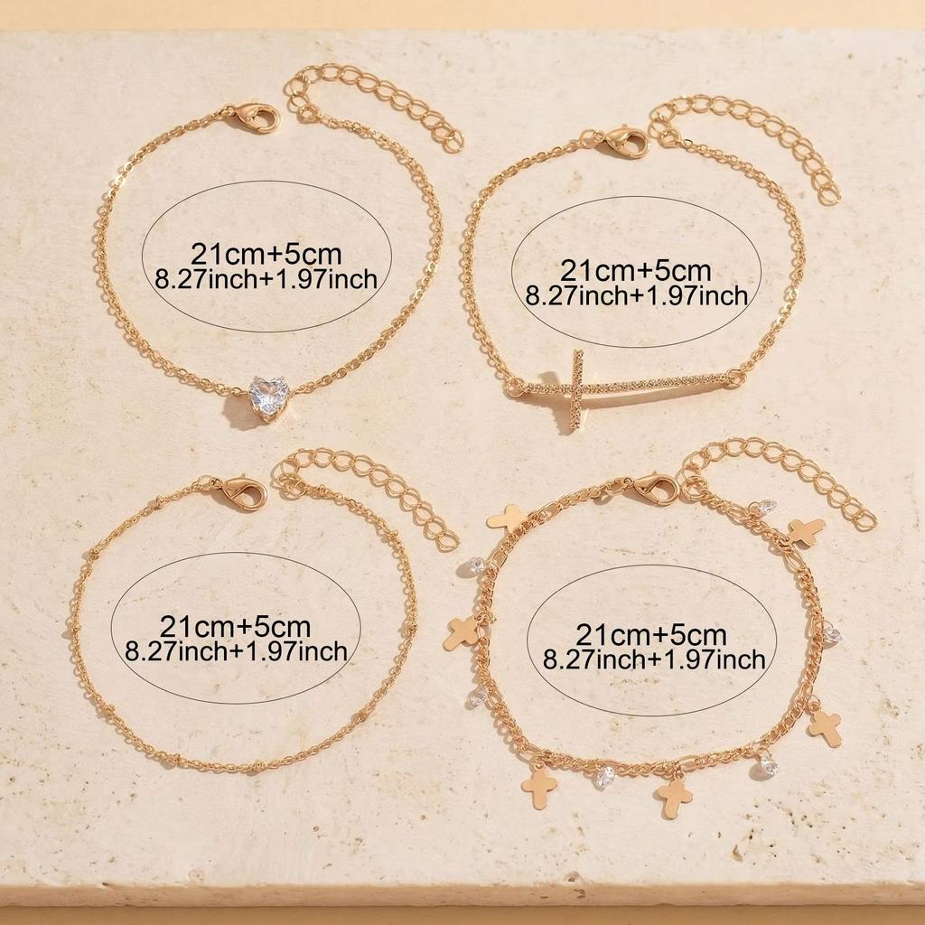 4PCS Layered Gold Cross Heart Rhinestone Anklet Set Adjustable Dainty Boho Summer Beach Foot Jewelry for Women