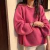 Gekräuseltes einfarbiges sanftes lockeres Strickoberteil vielseitiger lässiger weicher wachsartiger Pullover mit niedrigem Rundhalsausschnitt für Damen