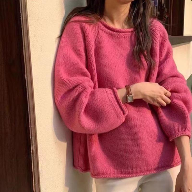 Gekräuseltes einfarbiges sanftes lockeres Strickoberteil vielseitiger lässiger weicher wachsartiger Pullover mit niedrigem Rundhalsausschnitt für Damen