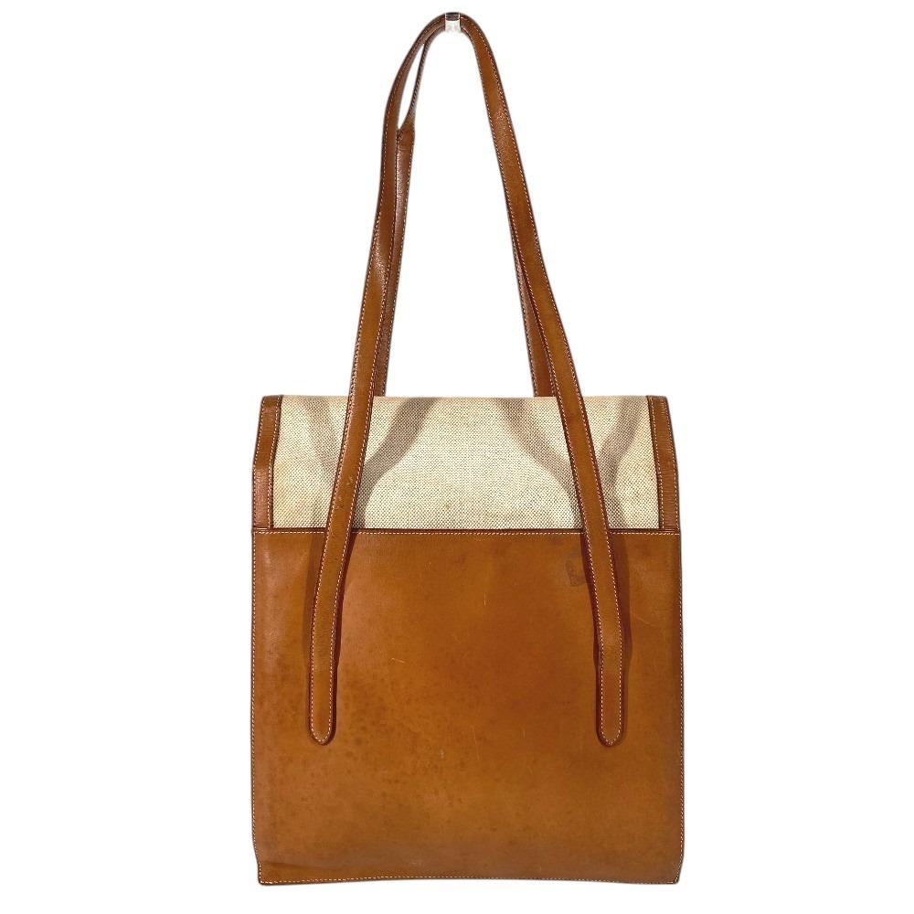 HERMES vintage flap tote bag, handbag Shoulder Bag Leather/Canvas Beige/Brown