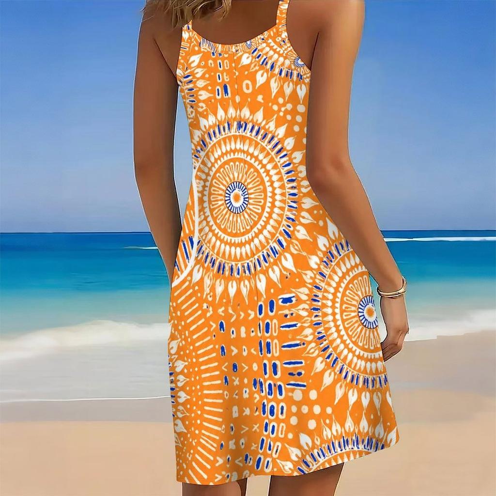 Women Plus Size Scoop Neck Thin Strap Sleeveless Printed Orange Loose Curved Hem Beach Dress