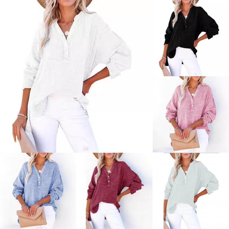 Street Style Wrinkled Cotton Long Sleeve Shirt For Women With Button Closure