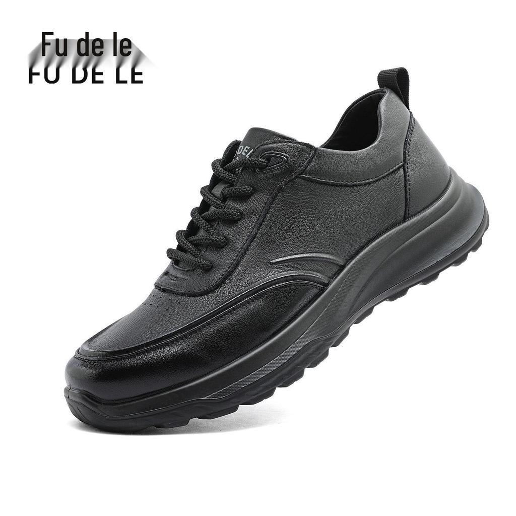 Fu De Le 2025 Men's Genuine Leather Non-Slip Dad Shoes - Soft Sole, Comfortable Cowhide Leather