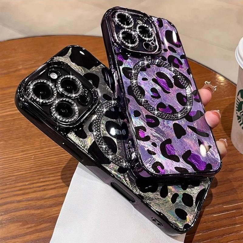 For iPhone 16 Pro Max Luxury Plating Magsafe Magnetic Flash Diamond Leopard Print Phone Case For iPhone 13 14 15 Plus Lens Cover
