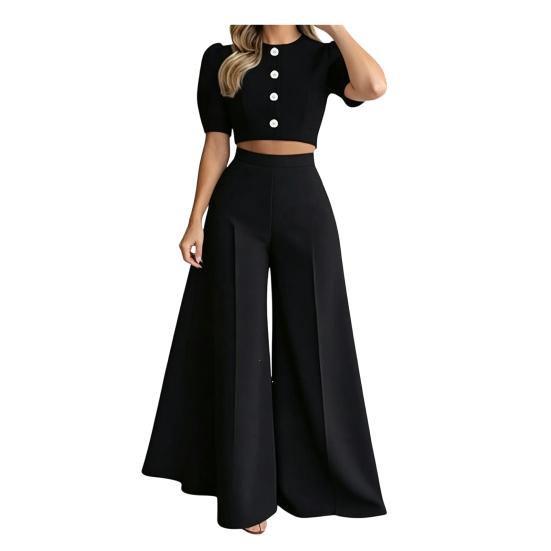 Women s Summer 2 Piece Outfits Crew Neck Crop Top L чёрный