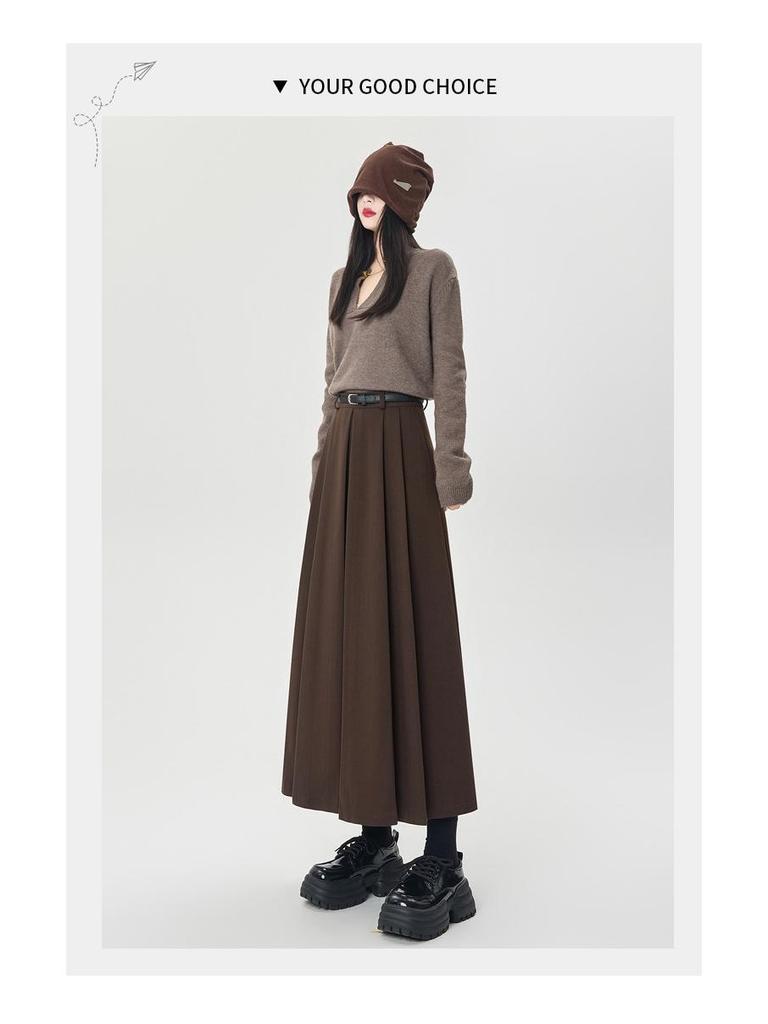 High-Waisted Coffee Wool Skirt for Women, Autumn-Winter Style, Pleated A-Line, Petite Fit, Mid-Length, Perfect Drape