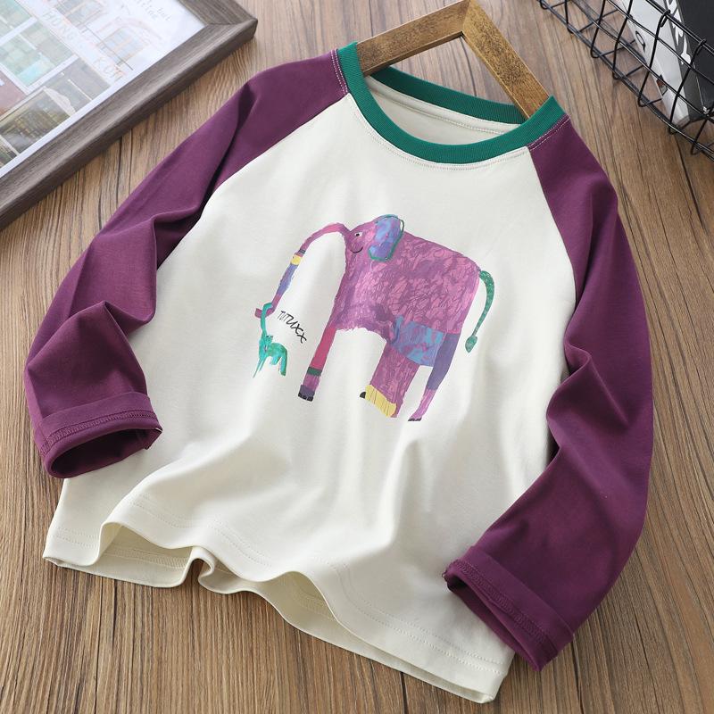 

2025 Autumn Stylish Color Block Raglan Sleeve T-Shirt for Kids - Trendy Korean Digital Print Design 110cm фиолетовый