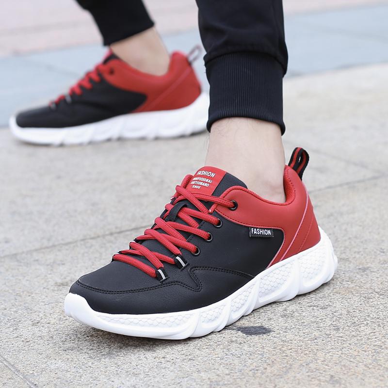 Lace-up Men's Sports Shoes PU Leather Running Shoes Black Outdoor Casual Sneakers for Walking Jogging Waterproof