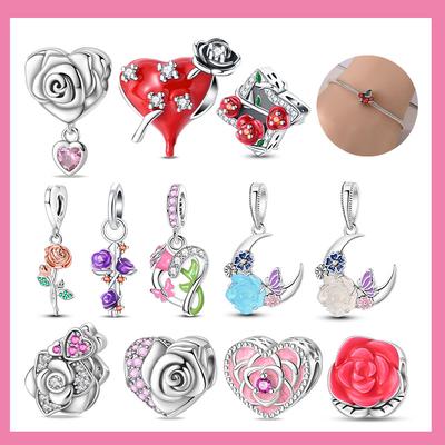 Copper Charms Bead Romantic Rose Night Rose Charm Pendant Fit Bracelet Necklace Handmade Birthday For Woman Jewellery Gift