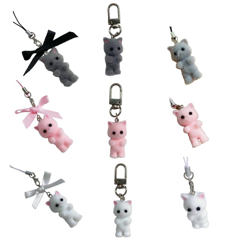 Flocking Cat Pendant Keychain Bows Shaped Key Chain Bowknot Keyring Jewelry Camera Bag Decorations Handmade Gift
