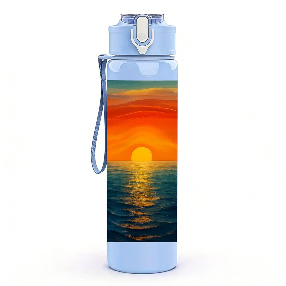 1PC Ocean Sunset Sky Landscape Print 750ml Color Plastic Sports Water Bottle Leakproof Flip Straw Lid Suitable for Sports Office Home Use