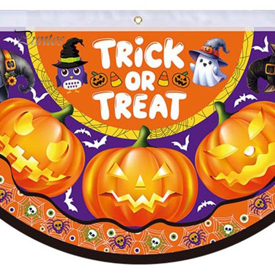 Large Halloween Yard Backdrop Semi Circle Bunting Banner, Pumpkin Bat Porch Decor, Haunted House Party Decor Spooky Festive Hanging Flag for