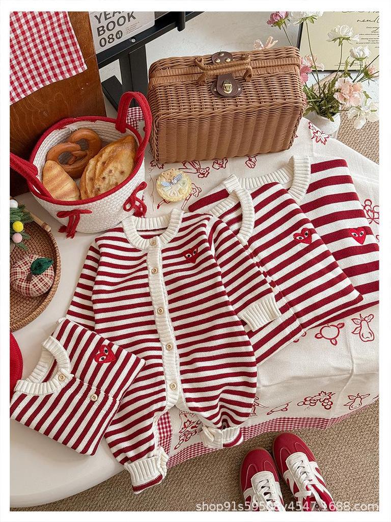 Korean Heart Stripe Family Sweater Set - Baby Romper & Knit Cardigan for Autumn/Winter