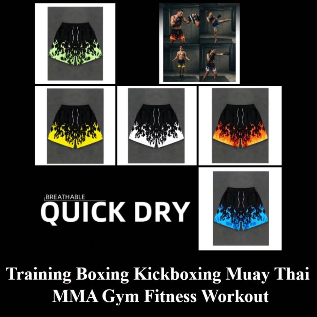 Shorts Fire Flame White Blue Green 3D Print Training Muay Thai Kickboxing Boxing MMA Unisex Sport Gym Fitness Workout Quick Dry Elastic Waist