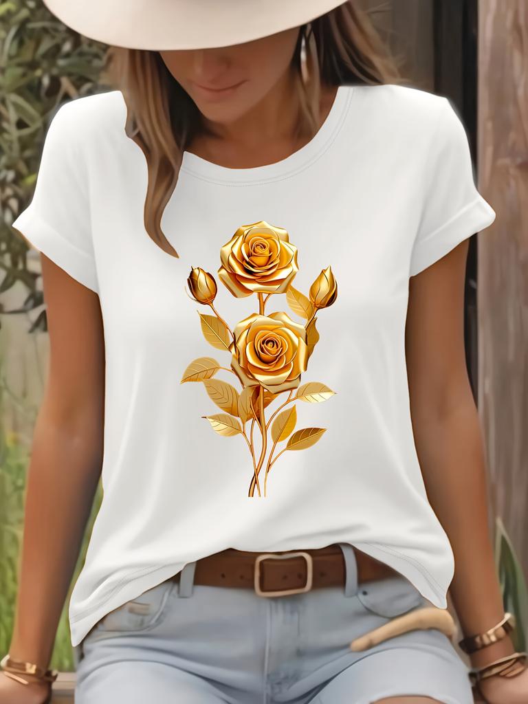 Golden Rose Graphic Print Fashion Harajuku T-Shirt Short Sleeve Crew Neck Casual Top for Summer Spring Women'S Clothing