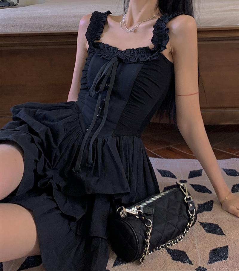 Women's Gothic Goth Harajuku Black Slip Dress Ruffles Y2k Streetwear Dark Punk Cake Dresses Party Korean Clothing