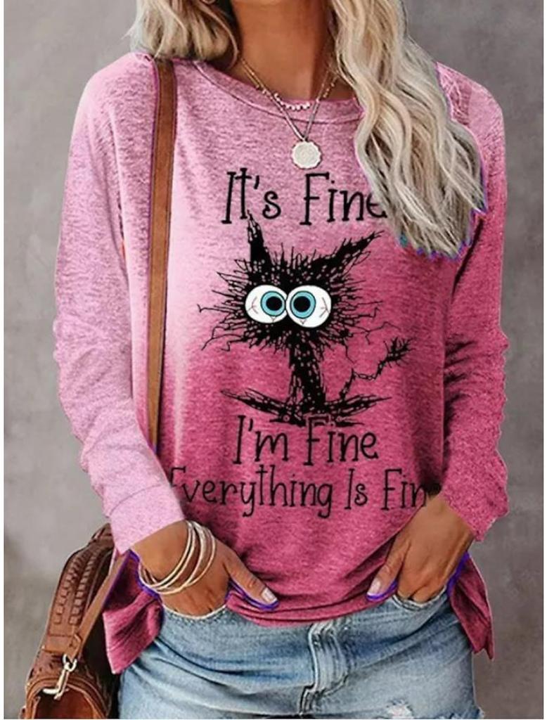 New 3D Cute Cat Printed Women's Casual Fashion Round Neck Long Sleeve T-shirt