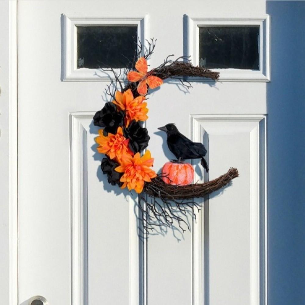 Plastic Cat Crow Wreath Gothic Style Artificial Flower Garland Halloween Wreath Window Wall Decor