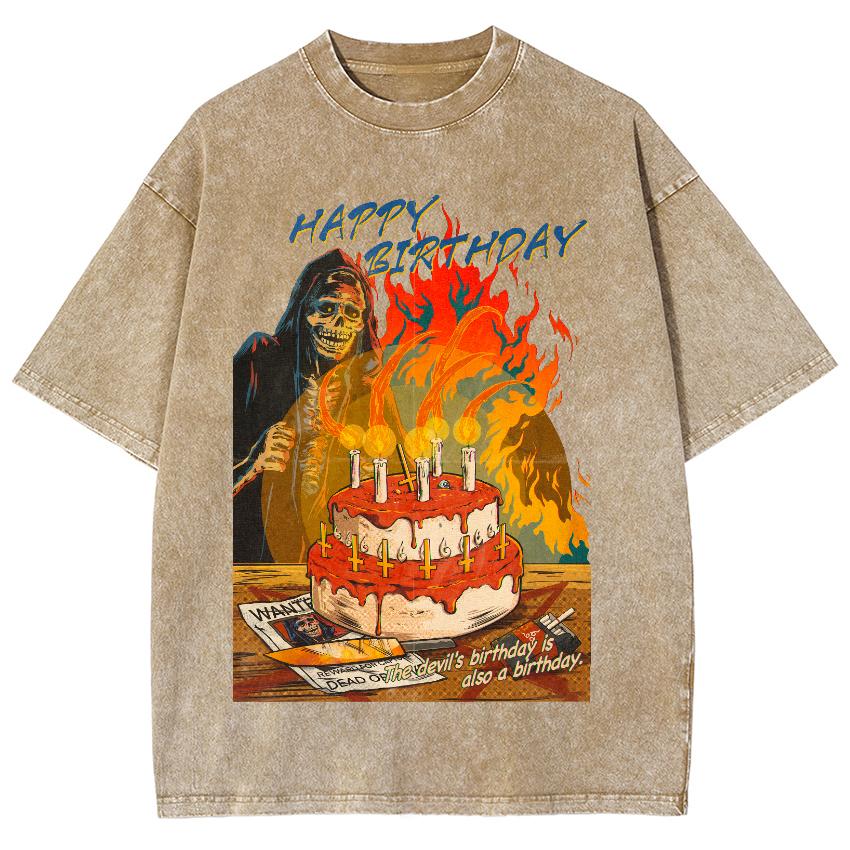 Skull Ghost Eating Cake Printed Women's Washed T-shirt Comfortable Loose Short Sleeve Street