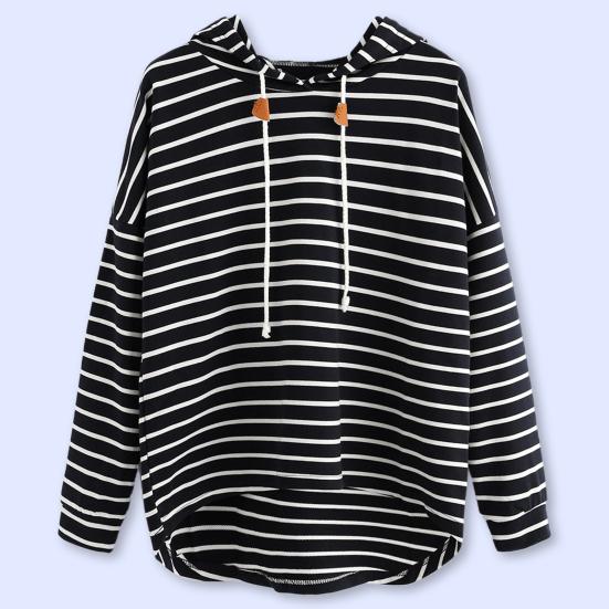 Women's Autumn and Winter Plus Size Sweatshirt Striped Loose Hooded Knit Long Sleeve Pullover Jacket